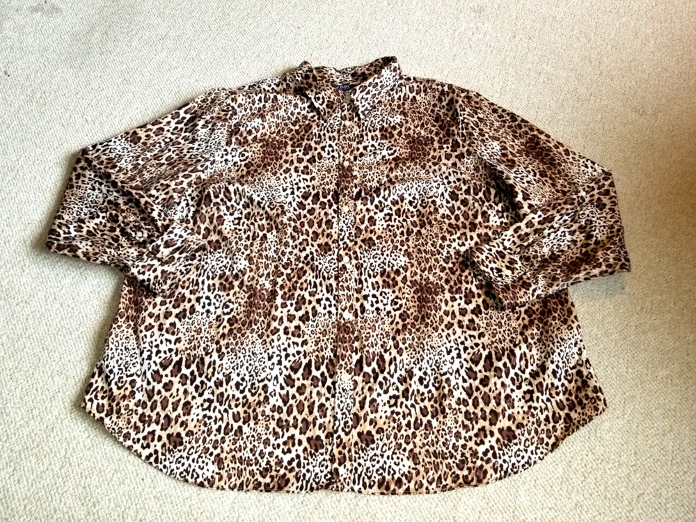 Womens Top-CHAPS RALPH LAUREN-brown leopard cotton "No Iron" button-up ls-2X